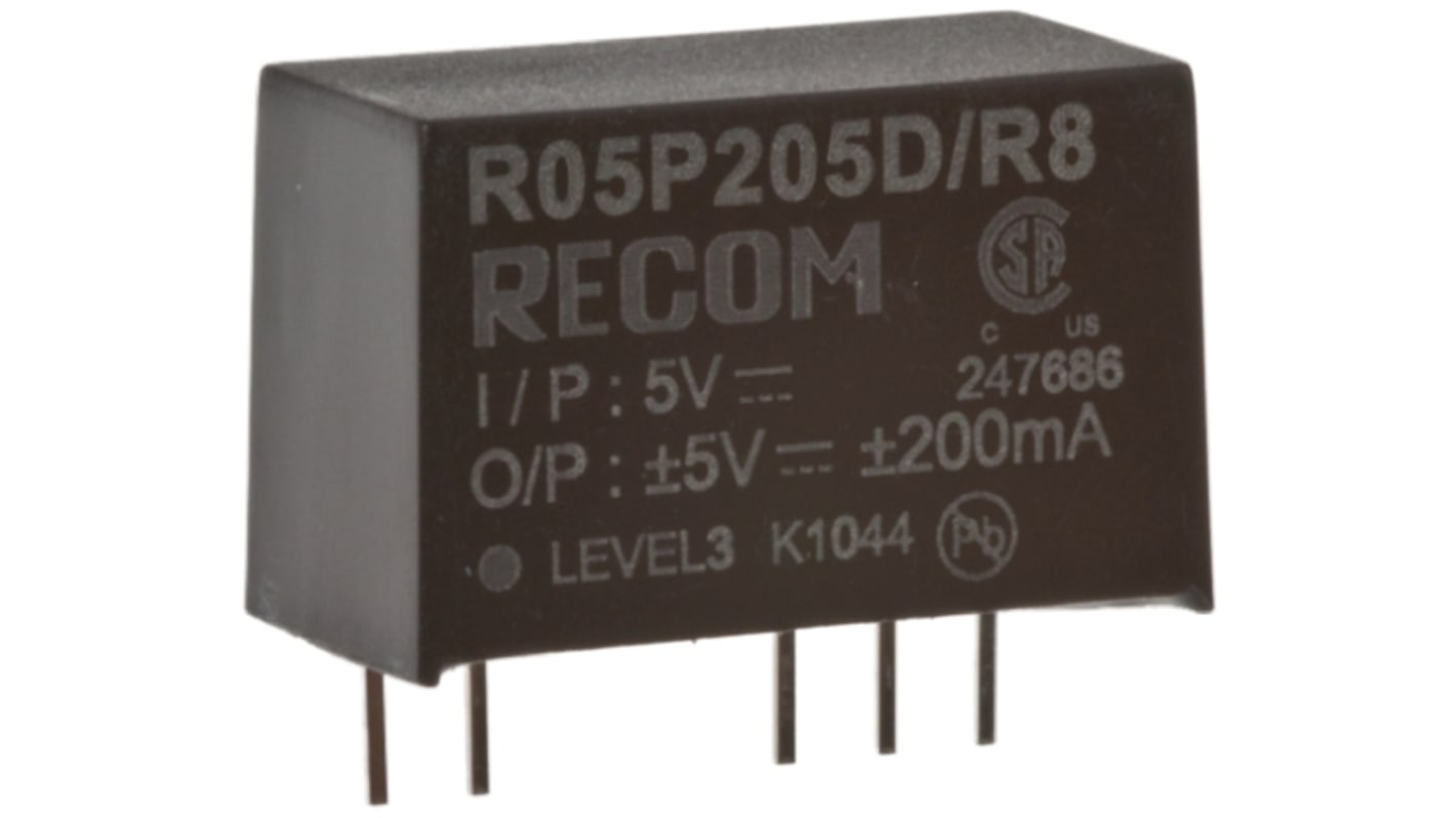Recom R12P DC-DC Converter, ±5V dc/ ±200mA Output, 10.8 → 13.2 V dc Input, 2W, Through Hole, +85°C Max Temp