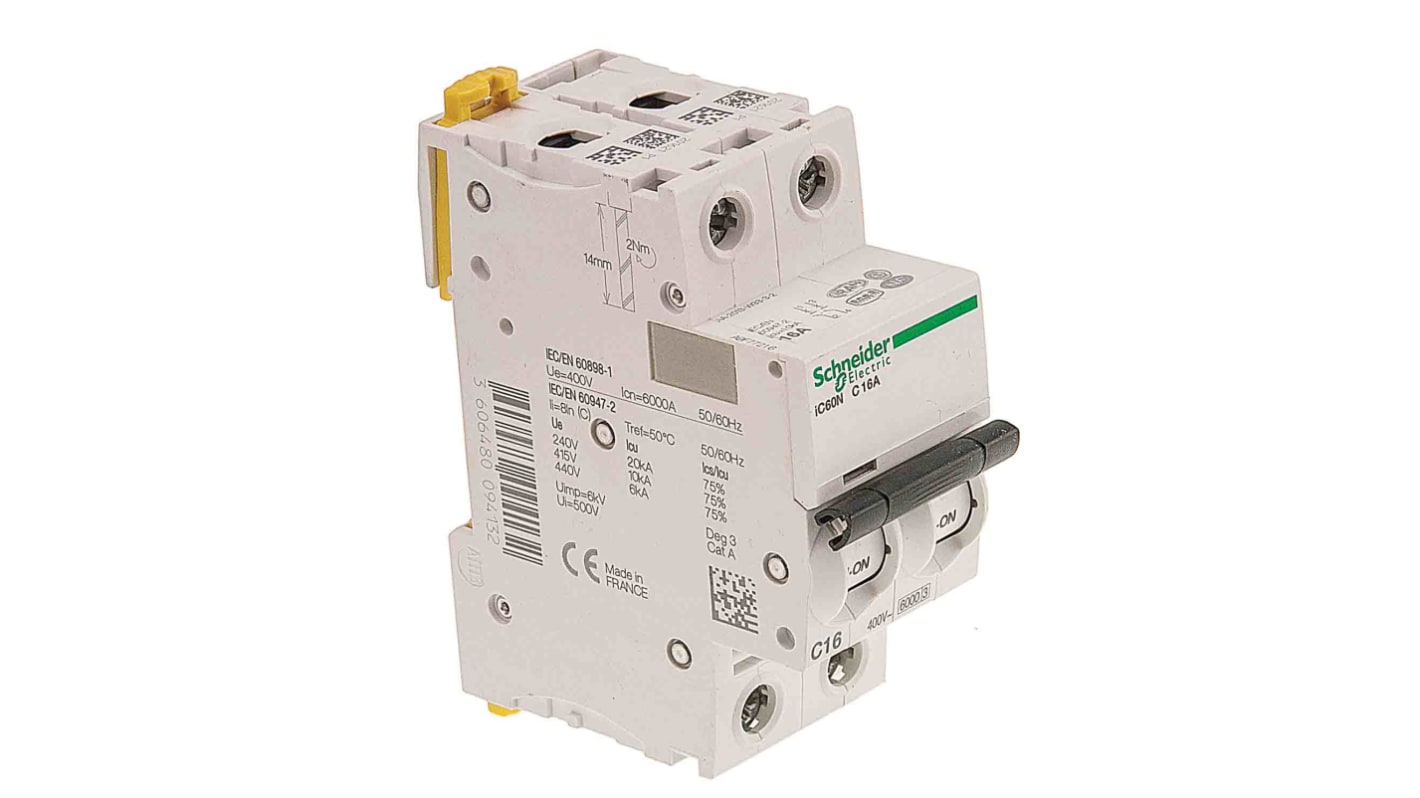 Disjoncteur Schneider Electric iC60N 2P, 20A, pouvoir de coupure 6 kA, montage rail DIN