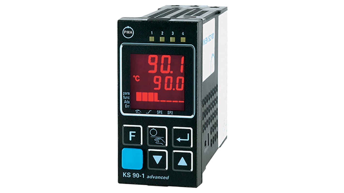 P.M.A PID temperaturregulator, ON/OFF med 2 Relæ Udgange, Størrelse: 96 x 48 (1/8 DIN)mm, 18 → 30 V=, 24 V∼