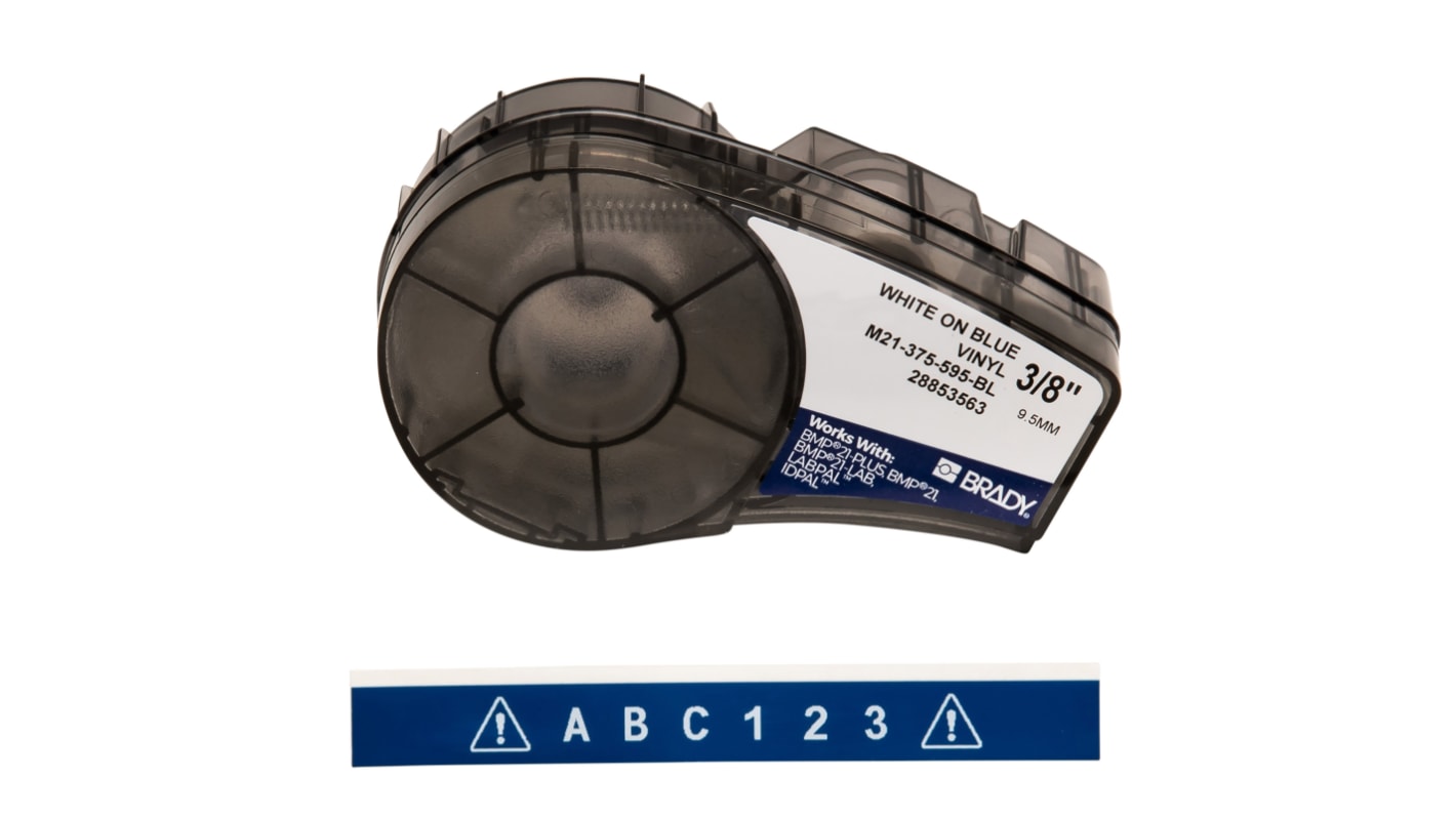 Brady B-595 Vinyl White on Blue Label Printer Tape, 6.4 m Length, 9.53 mm Width