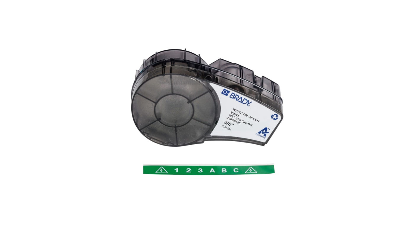 Brady B-595 Vinyl White on Green Label Printer Tape, 6.4 m Length, 9.53 mm Width