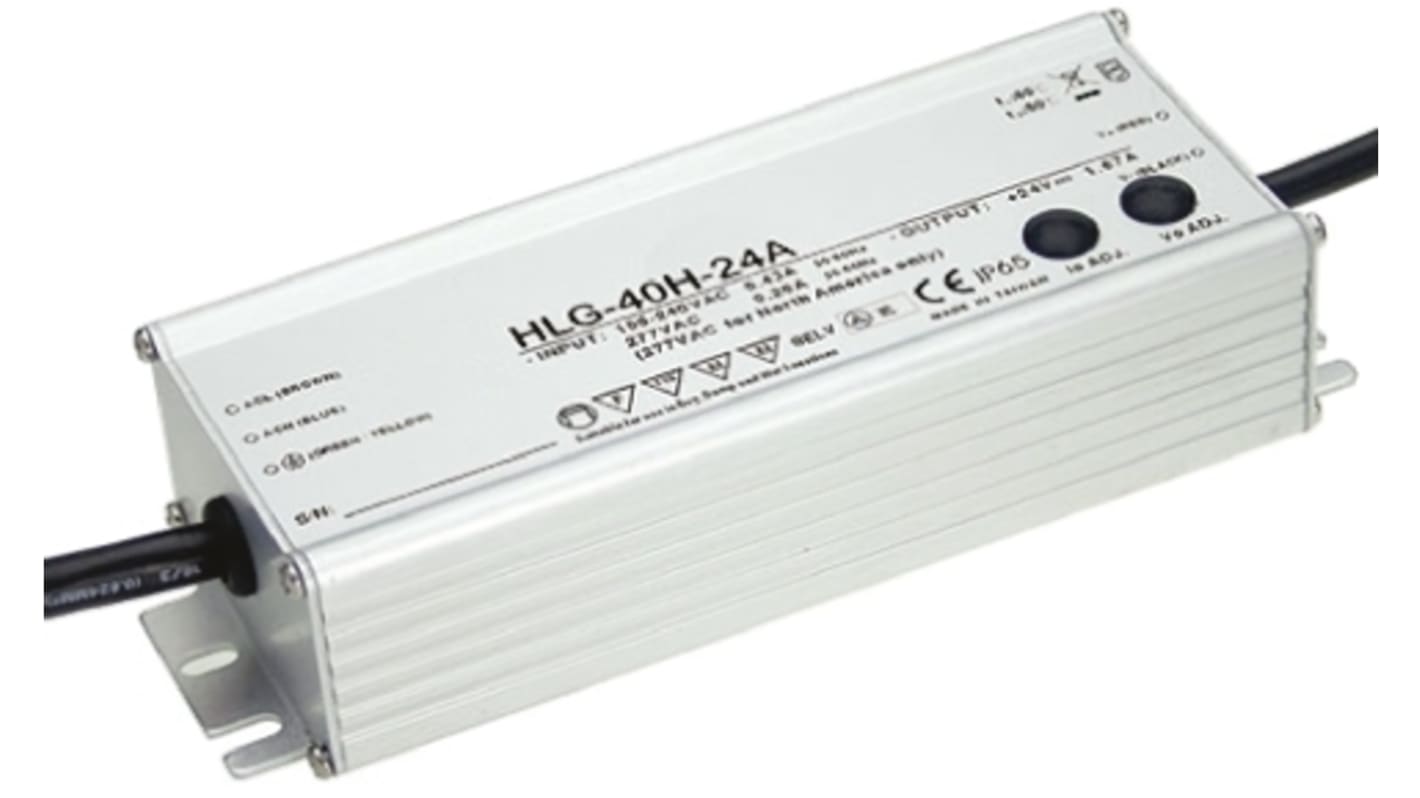 Driver LED tensión constante MEAN WELL de salidas, IN: 127 → 431 V dc, 90 → 305 V ac, OUT: 24V, 1.67A,