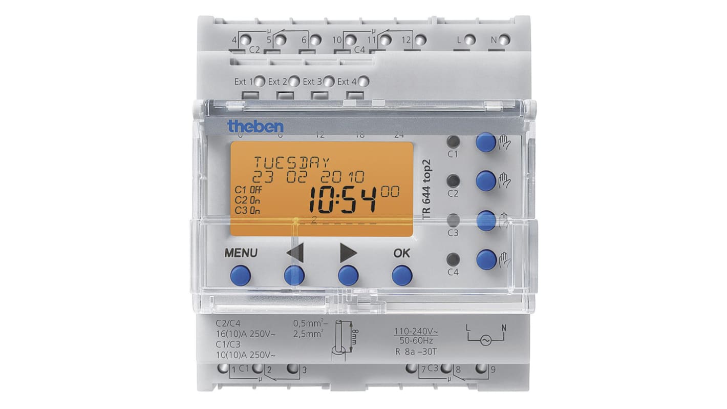 4 Channel Digital DIN Rail Time Switch Measures Hours, 110 → 240 V ac