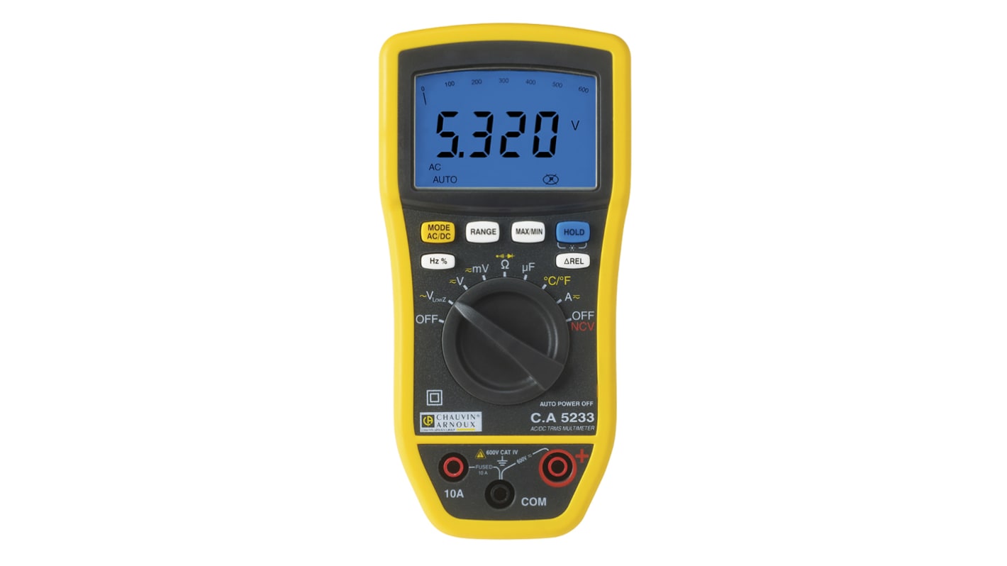 Chauvin Arnoux CA 5233 Handheld Digital Multimeter, True RMS, 10A ac Max, 10A dc Max, 600V ac Max - UKAS Calibrated