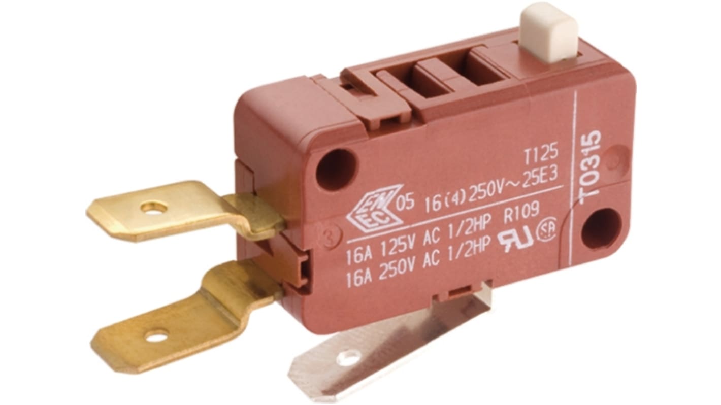 Marquardt Mikroschalter Stößel-Betätiger Flachstecker, 16 A @ 250 V ac, 1-poliger Wechsler IP00, IP40 1 N -40°C - +125°C