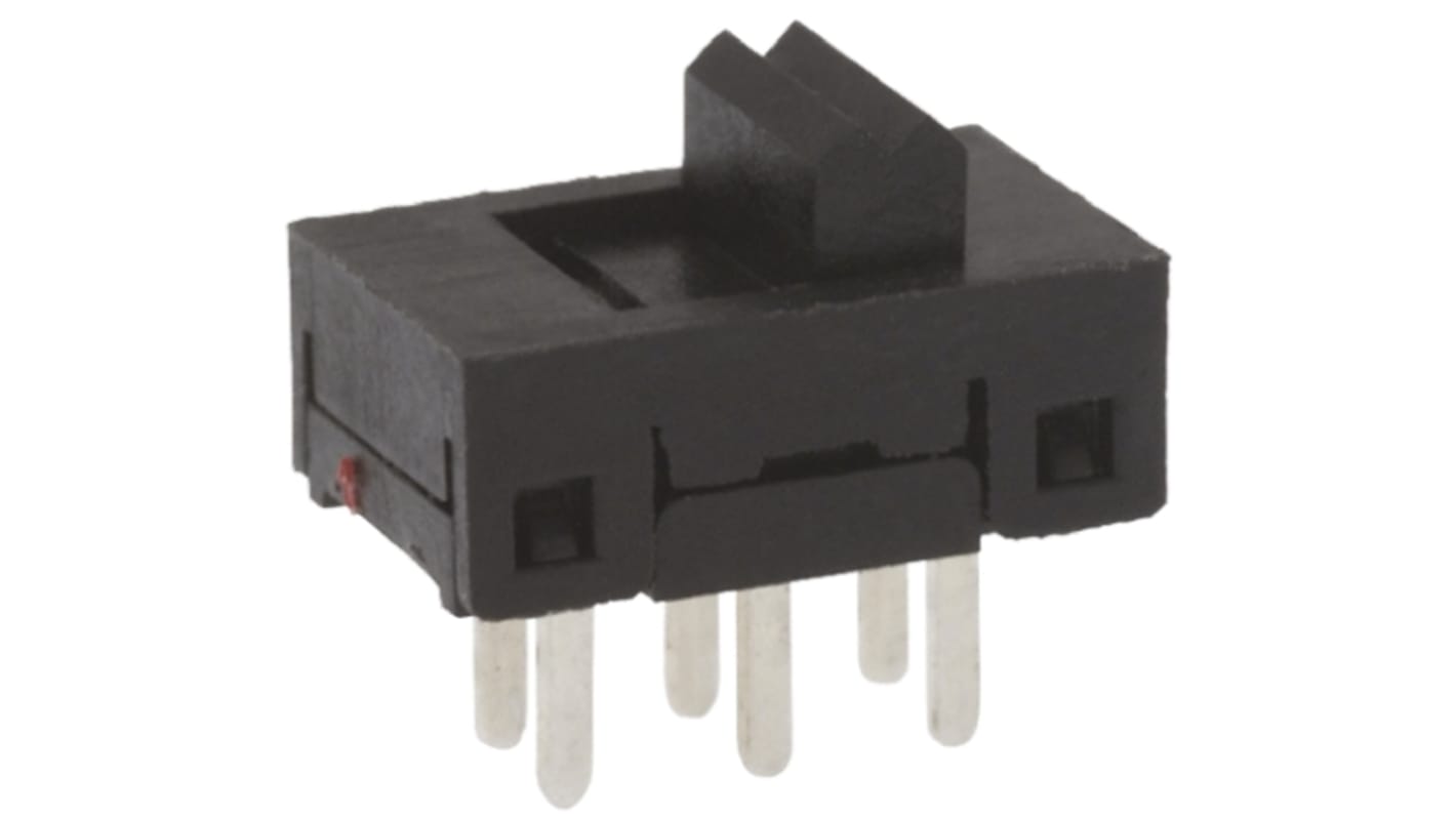 Interruptor de actuador deslizante DPDT, Enclavamiento, 100 mA a 30 V dc, actuador superior, Montaje en PCB