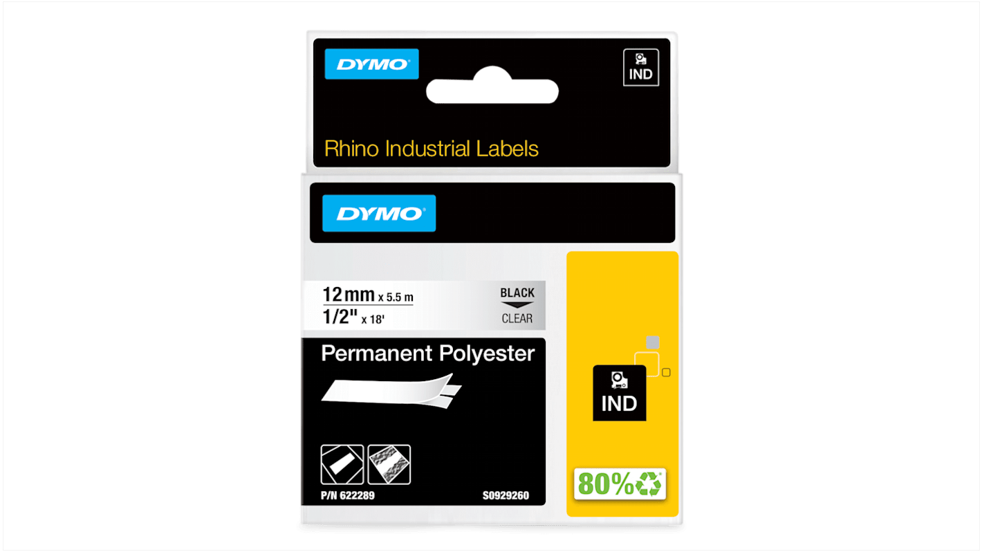 Dymo Black on Clear Label Printer Tape, 5.5 m Length, 12 mm Width