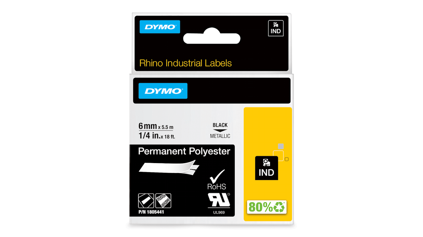 Dymo Black on Silver Label Printer Tape, 18 ft Length, 6 mm Width