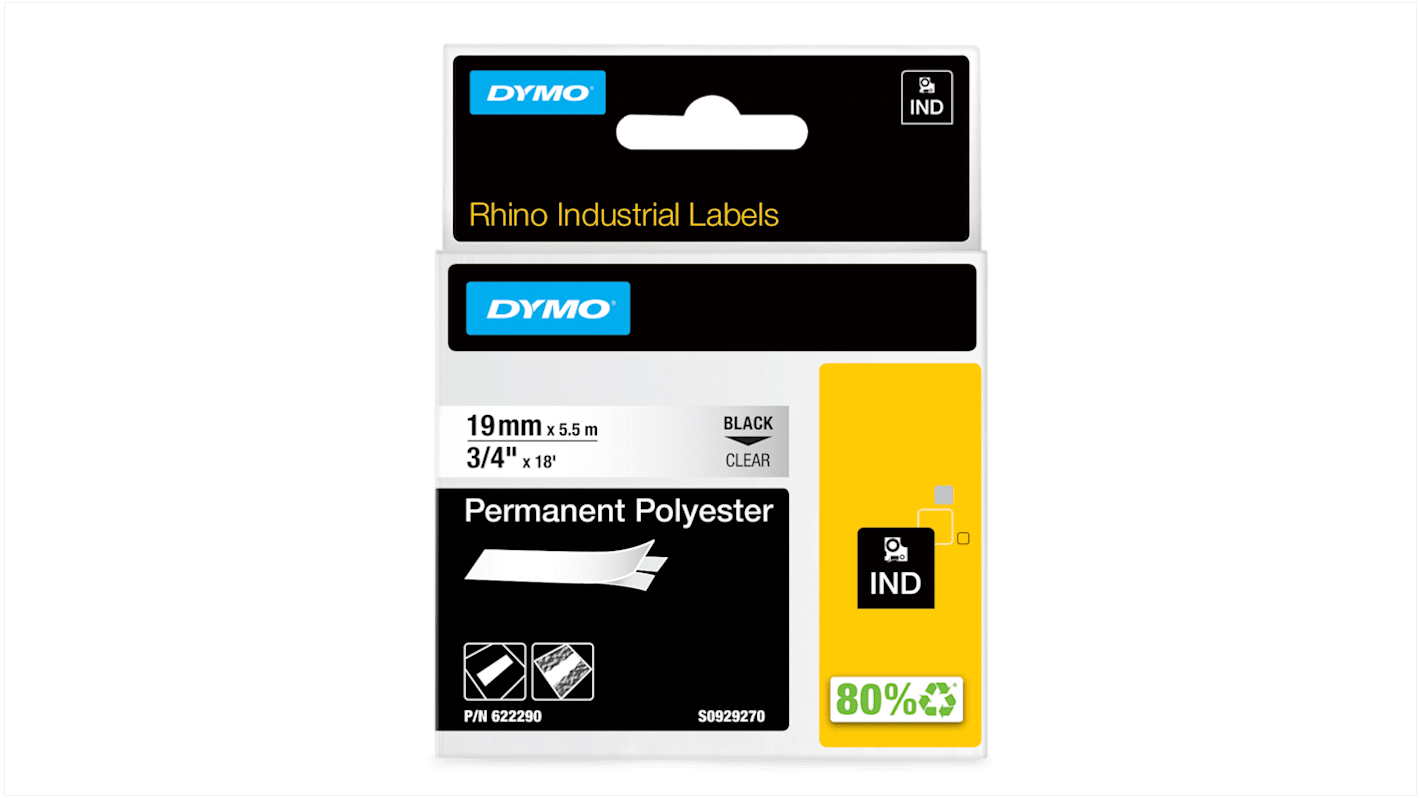 Cinta para impresora de etiquetas Dymo, color Negro sobre fondo Transparente, 1 Roll, para usar con Rhino 4200, Rhino