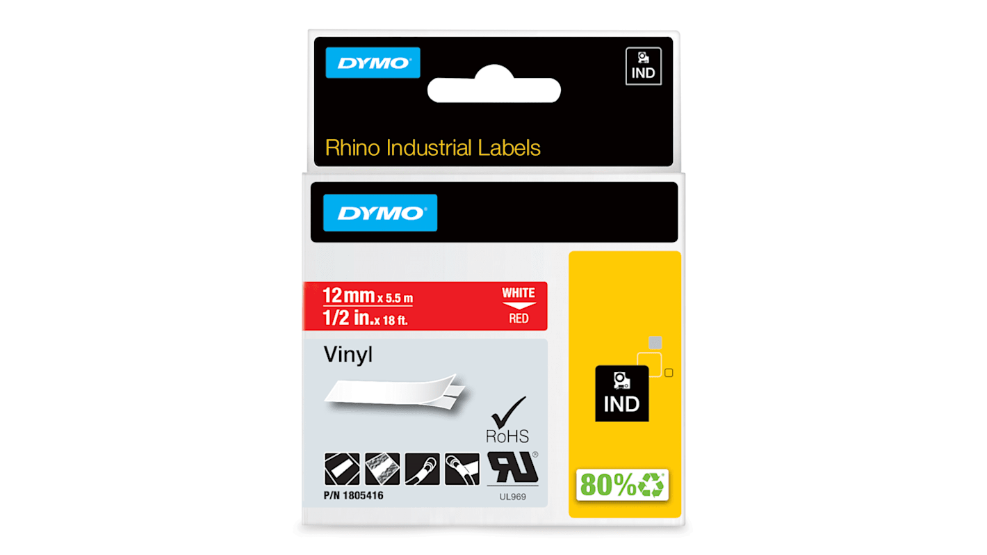 Dymo White on Red Label Printer Tape, 5.5 m Length, 12 mm Width