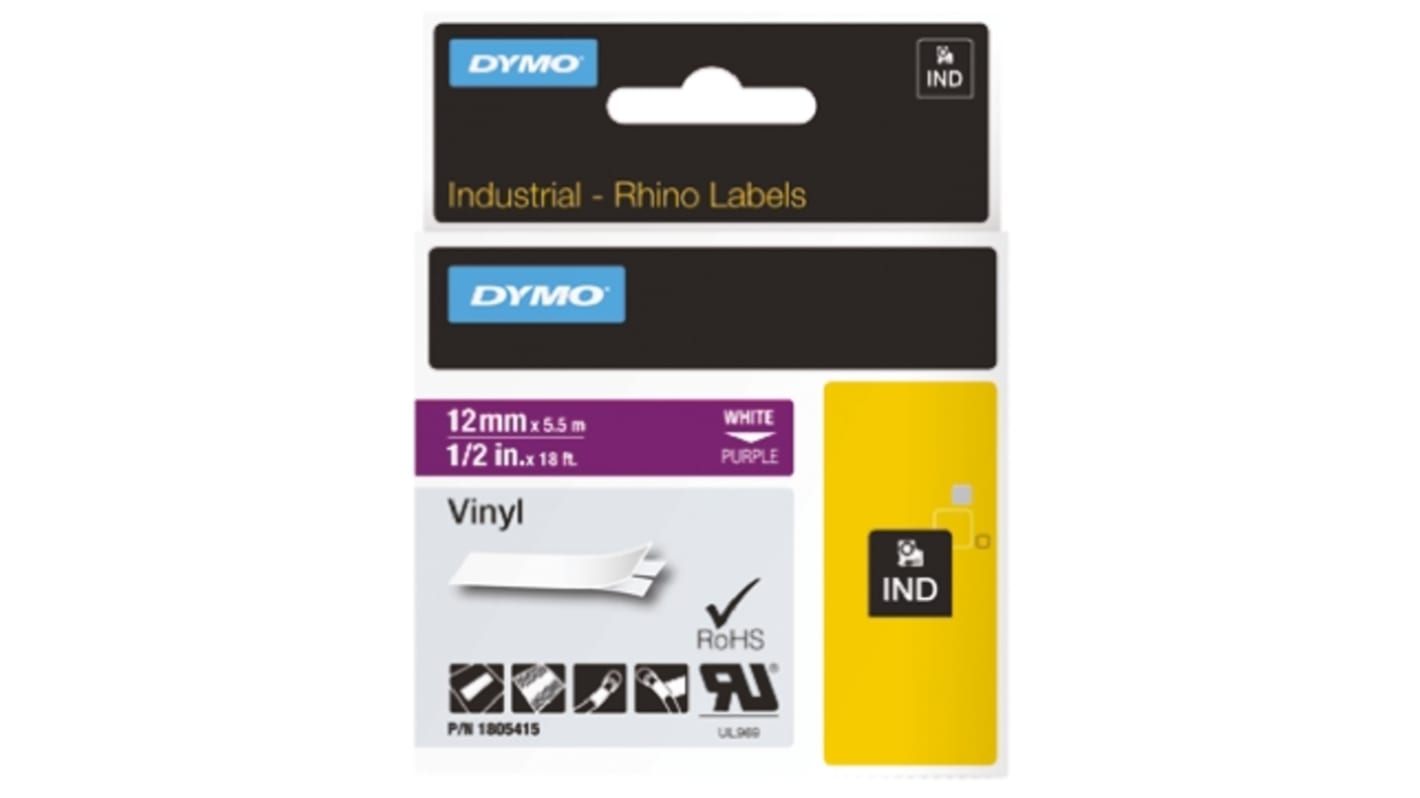 Dymo White on Purple Label Printer Tape, 18 ft Length, 12 mm Width