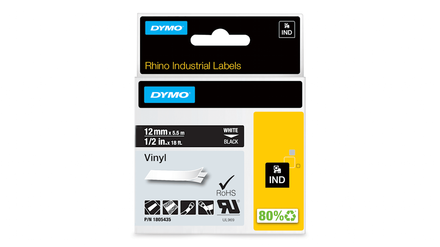 Dymo White on Black Label Printer Tape, 5.5 m Length, 12 mm Width