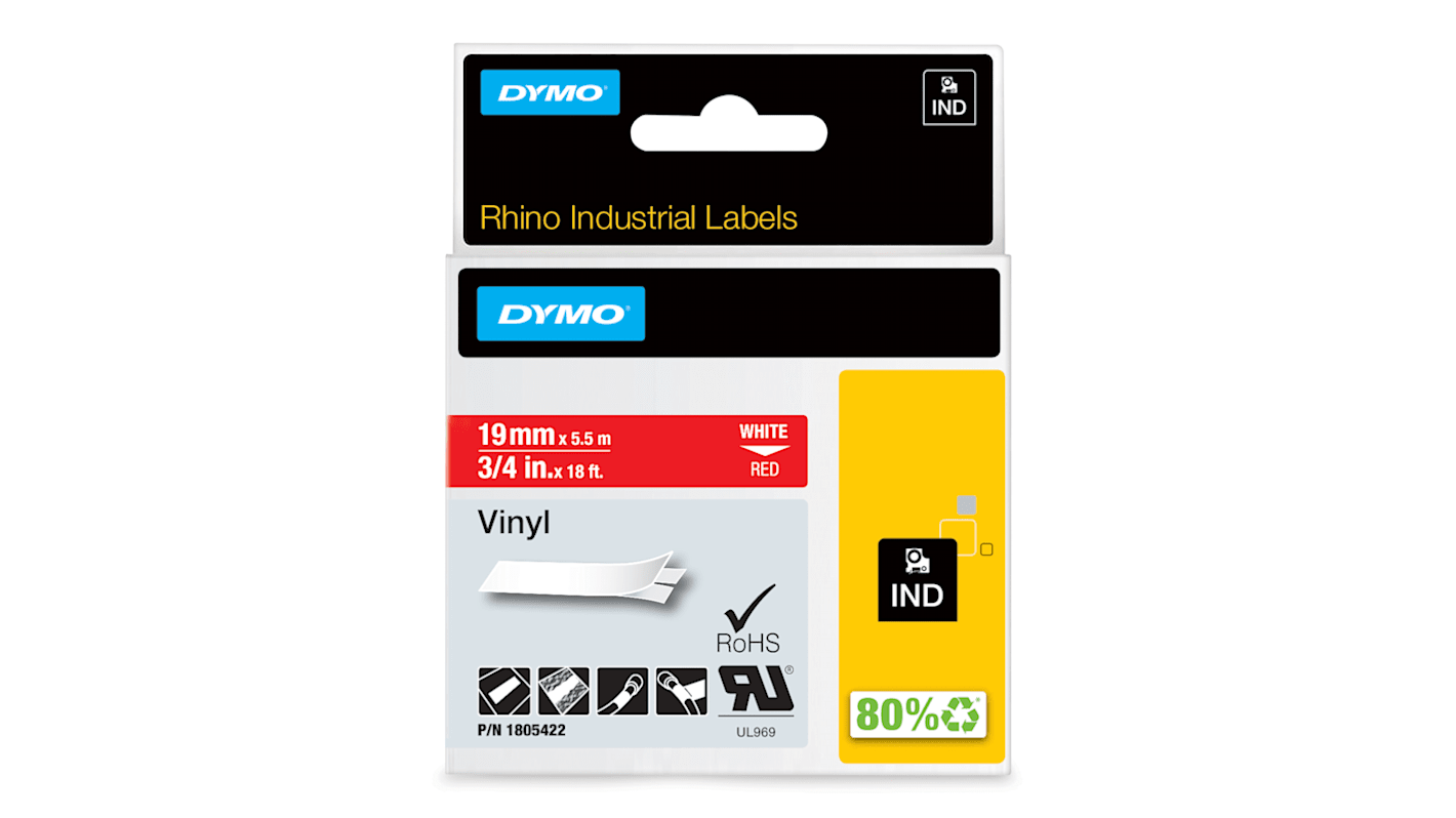 Dymo White on Red Label Printer Tape, 5.5 m Length, 19 mm Width