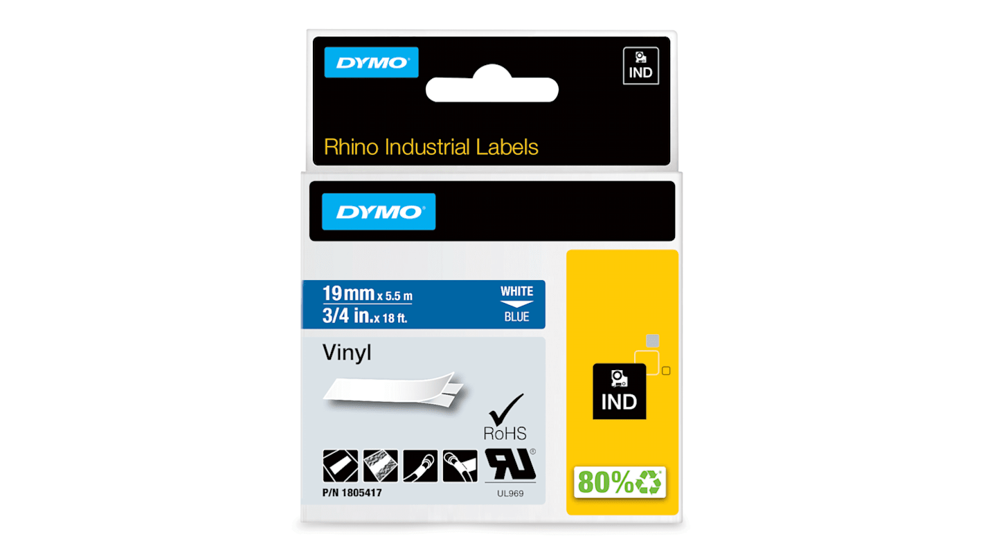 Dymo White on Blue Label Printer Tape, 5.5 m Length, 19 mm Width