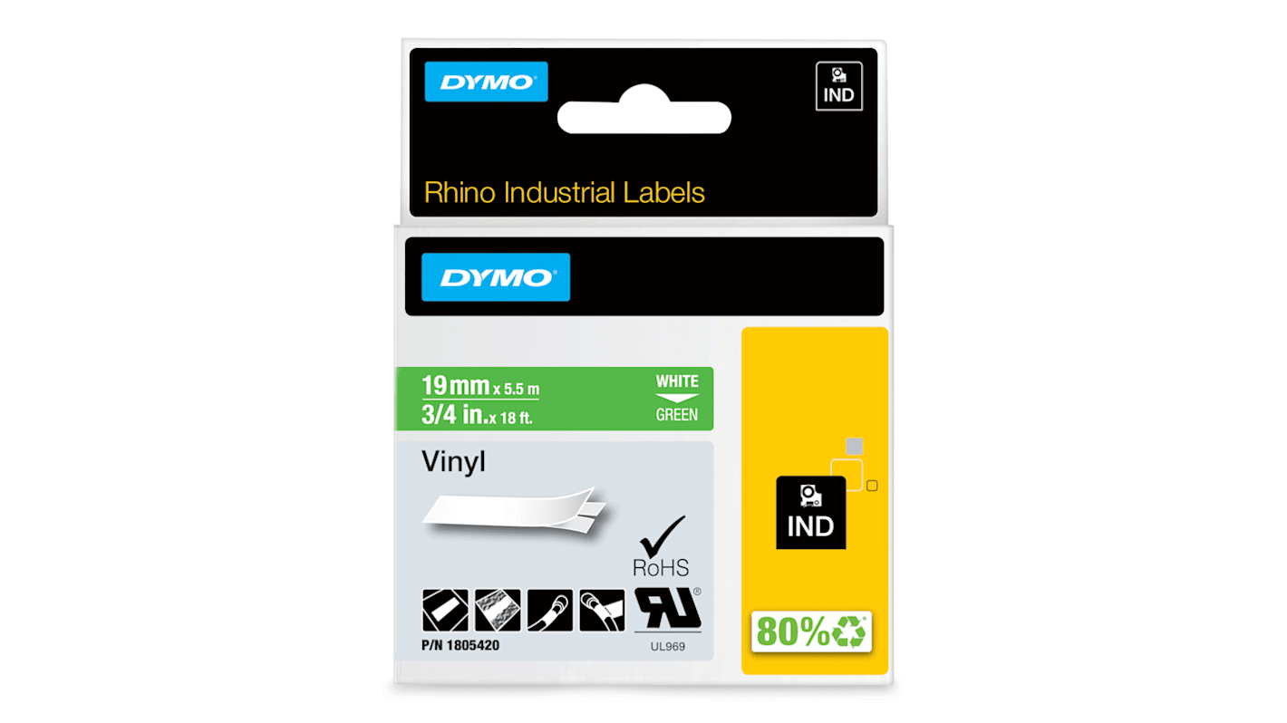 Dymo White on Green Label Printer Tape, 18 ft Length, 19 mm Width