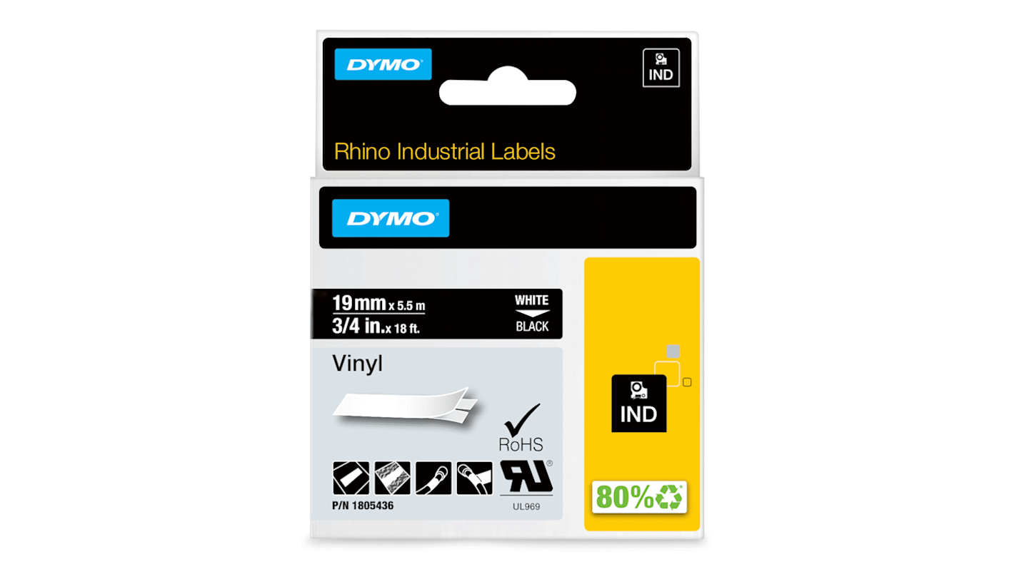1805436 Dymo White on Black Label Printer Tape, 18 ft Length, 19 mm