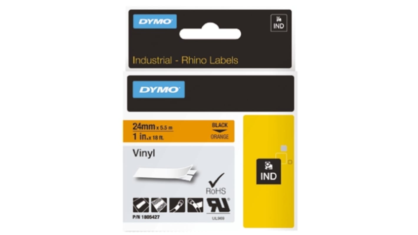 Dymo Black on Orange Label Printer Tape, 18 ft Length, 24 mm Width