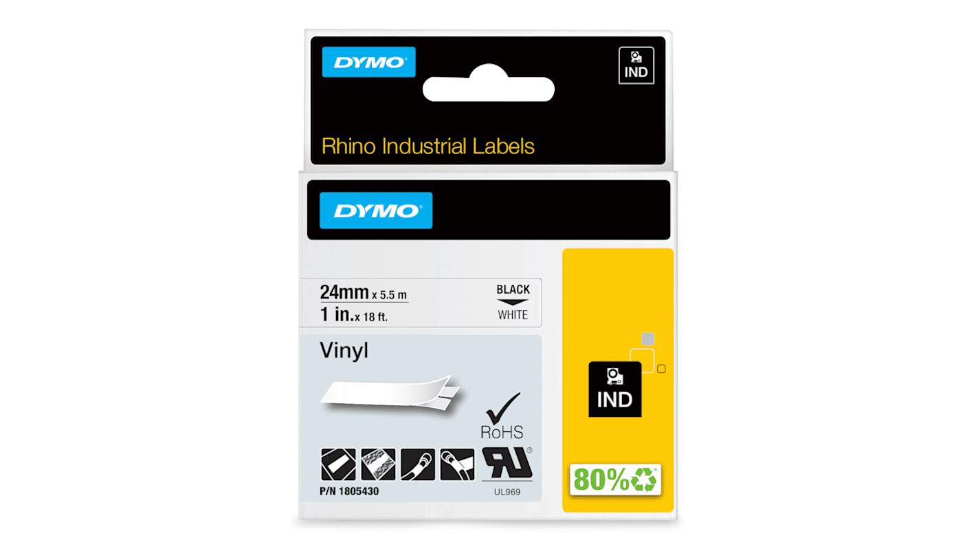 Cinta para impresora de etiquetas Dymo, color Negro sobre fondo Blanco, 1 Roll, para usar con Rhino 6000