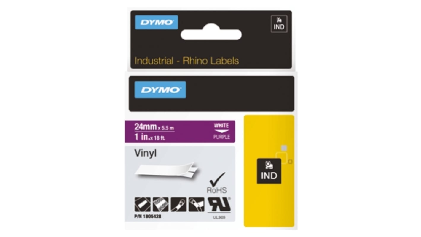 Dymo White on Purple Label Printer Tape, 18 ft Length, 24 mm Width