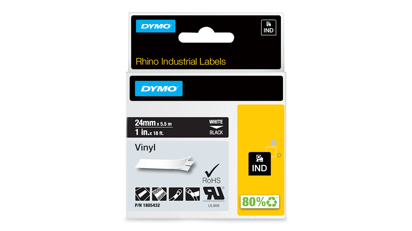 Dymo White on Black Label Printer Tape, 18 ft Length, 24 mm Width