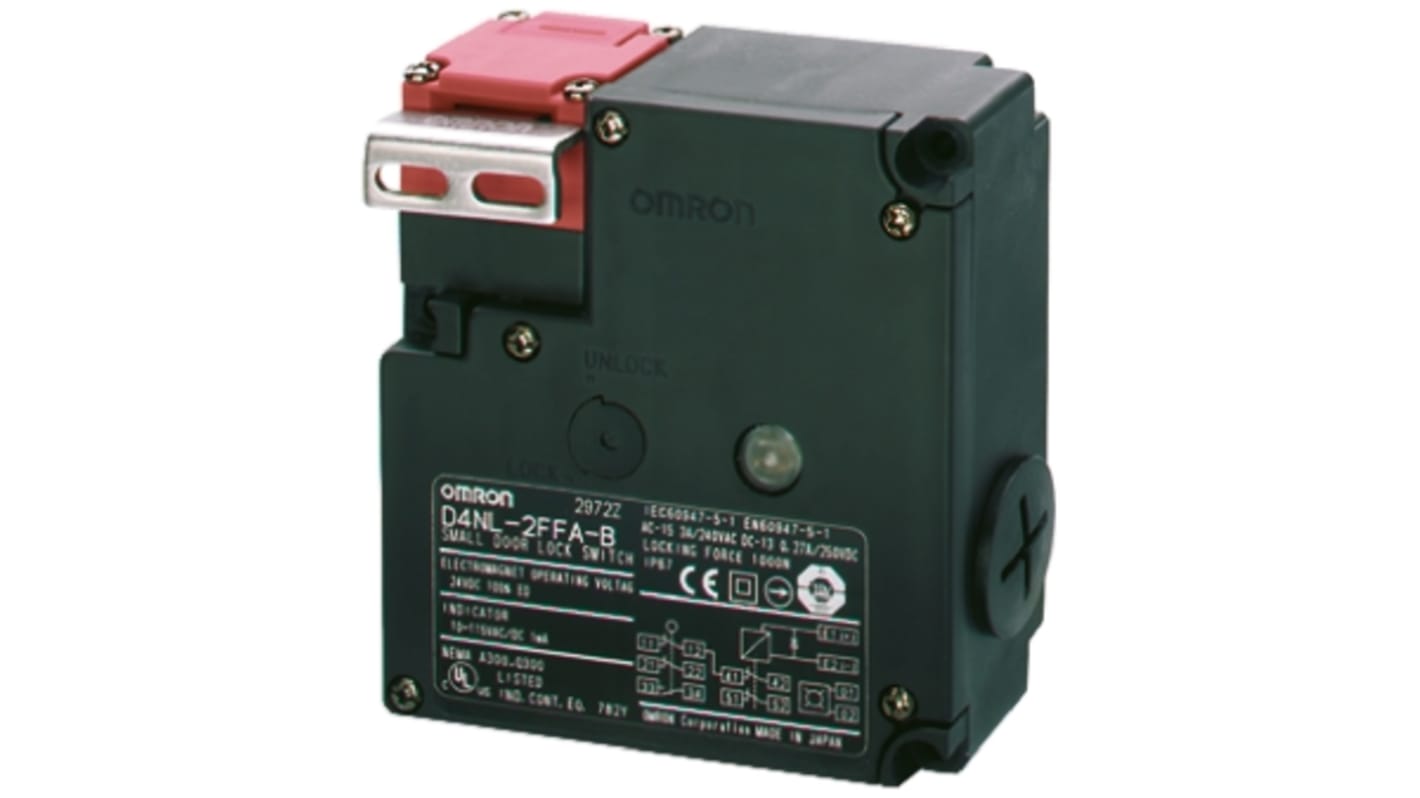 Interruptor de bloqueo por solenoide Omron D4NL, 24V dc, cont. aux. 2NC, Alimentar para desbloquear