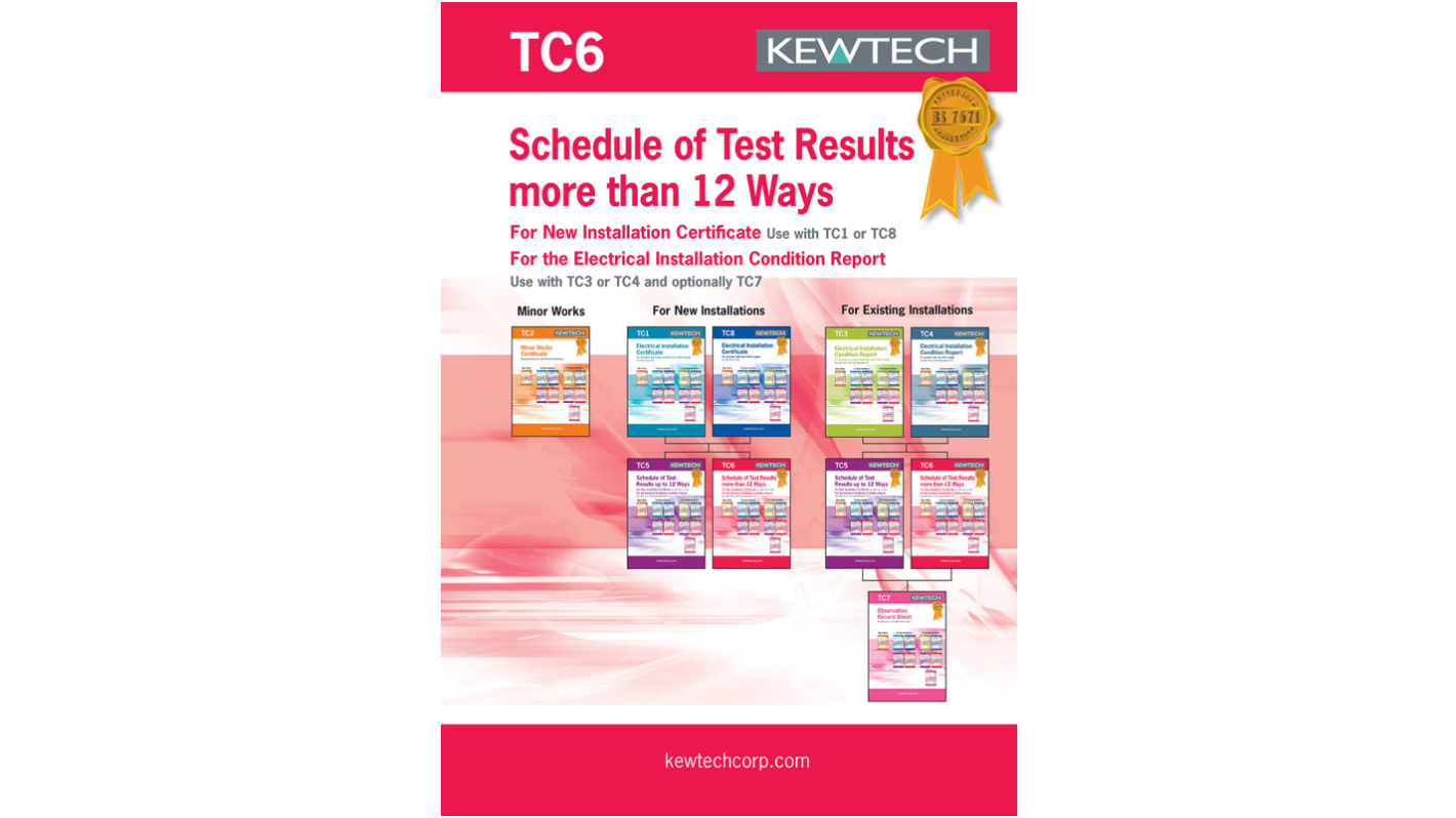 Kewtech Corporation TC6 Electrical Installation Certificate, Certificate Type Inspection & Test Schedule, For Use With