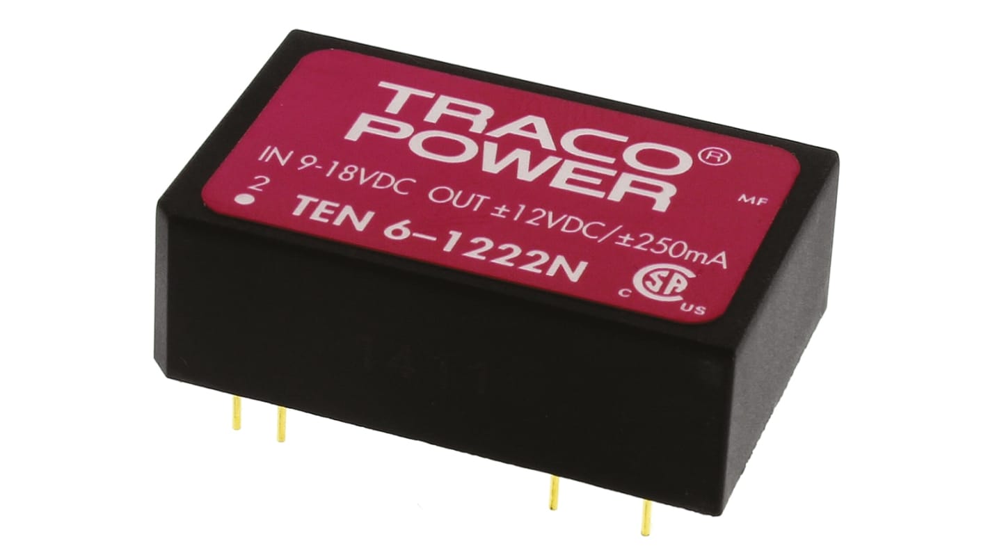 TRACOPOWER TEN 6N DC/DC-Wandler 6W 12 V dc IN, ±12V dc OUT / ±250mA Durchsteckmontage 1.5kV dc isoliert