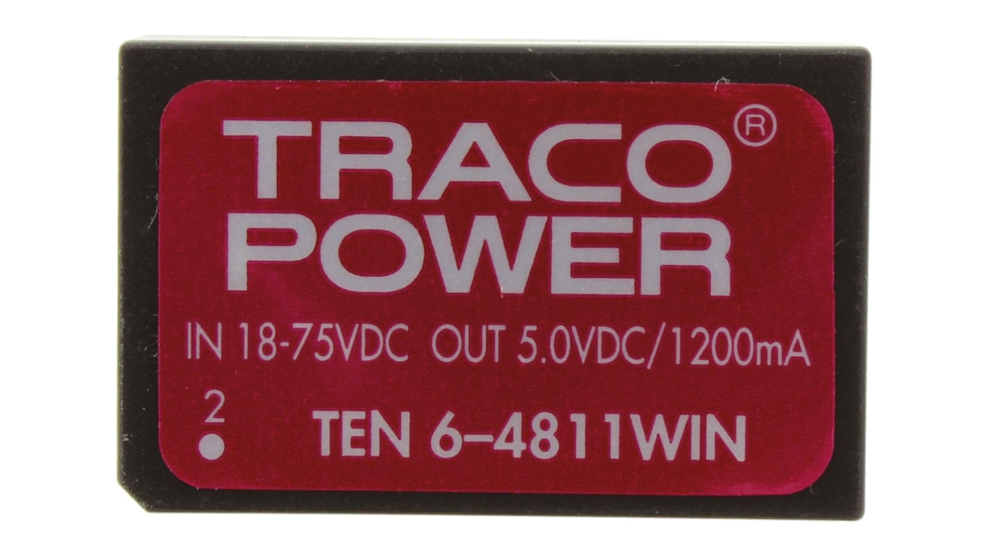 TRACOPOWER TEN 6WIN DC-DC Converter, 5V dc/ 1.2A Output, 18 → 75 V dc Input, 6W, Through Hole, +85°C Max Temp