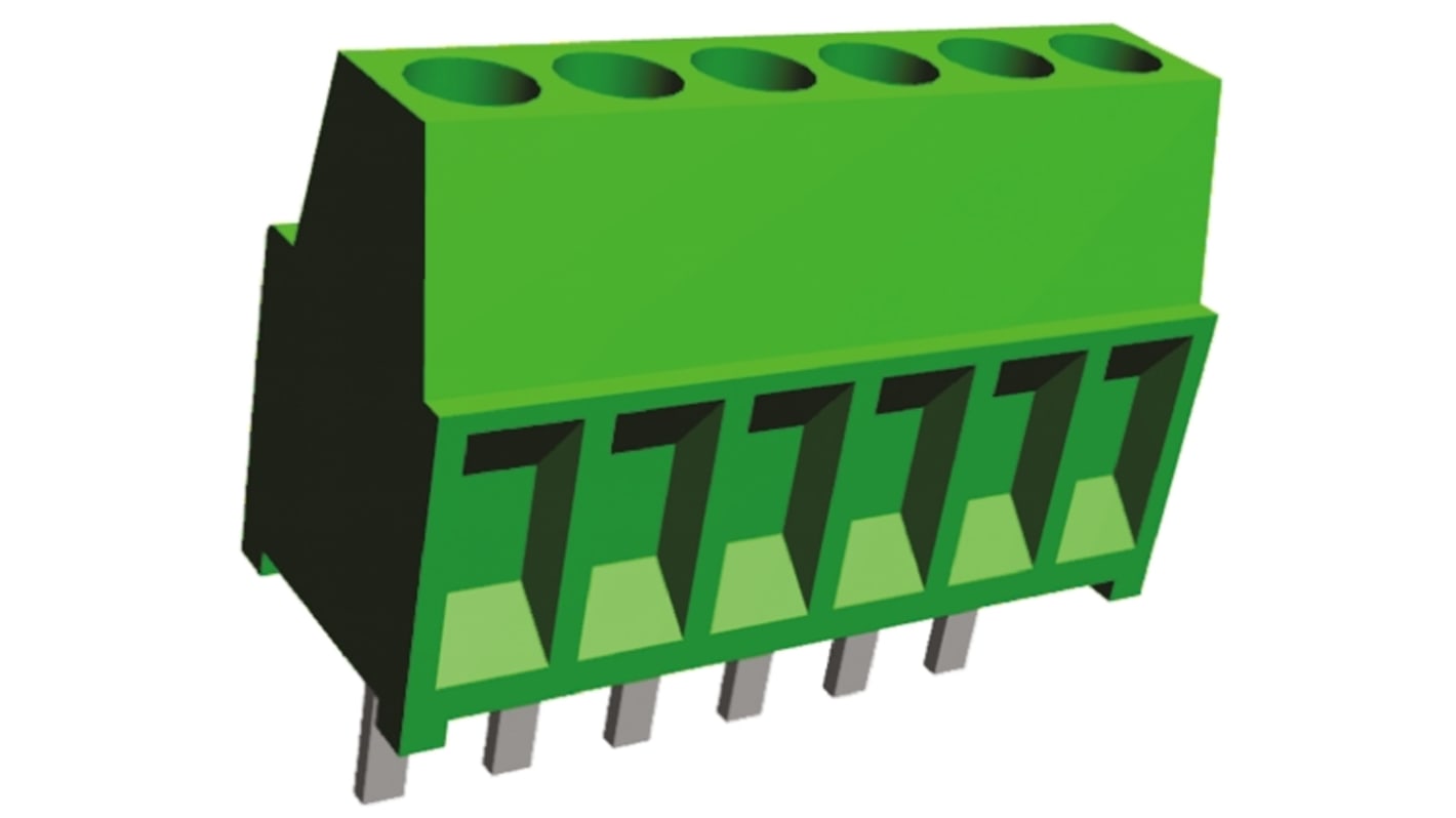 Borne para PCB Hembra TE Connectivity de 6 vías , paso 2.54mm, 10A, de color Verde, montaje Montaje en orificio