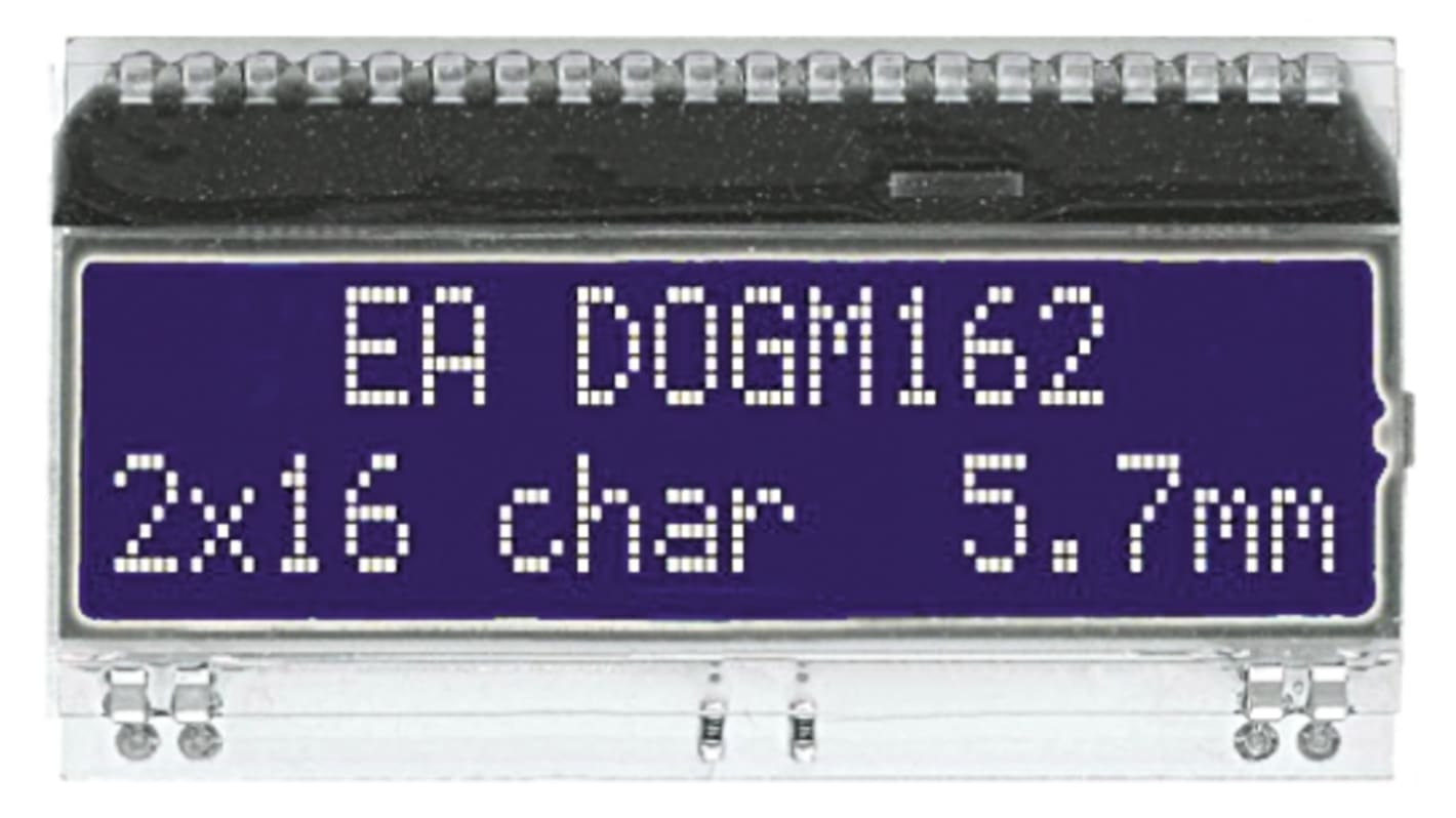Display Visions EA DOGM162B-A Alphanumeric LCD Display, White, Yellow-Green on Blue, 2 Rows by 16 Characters,