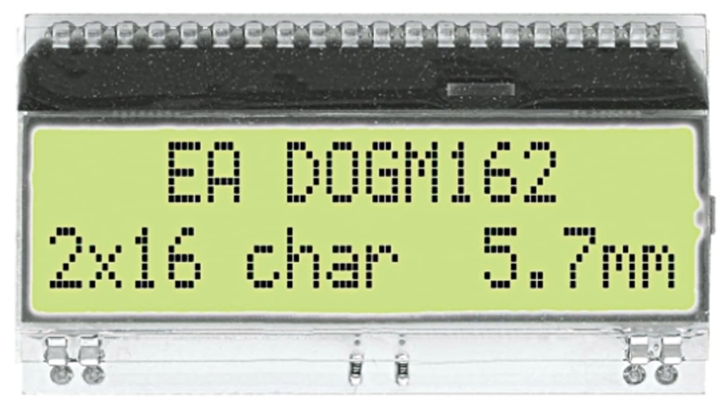 Display Visions EA DOGM162E-A Alphanumeric LCD Display, Yellow-Green on Black, 2 Rows by 16 Characters, Transmissive