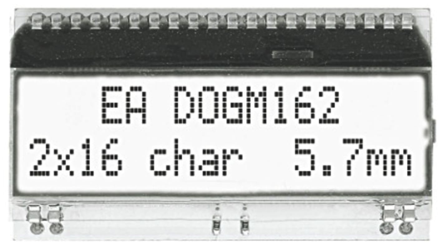 Display Visions EA DOGM162W-A Alphanumeric LCD Display, White on Black, 2 Rows by 16 Characters, Transflective