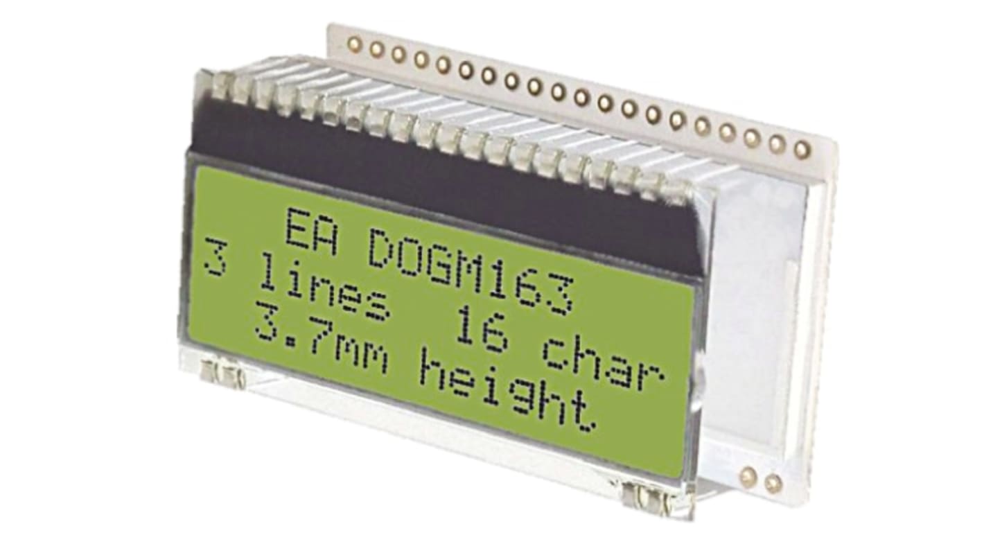 Display Visions EA DOGM163E-A Alphanumeric LCD Display, Yellow-Green on Black, 3 Rows by 16 Characters, Transmissive