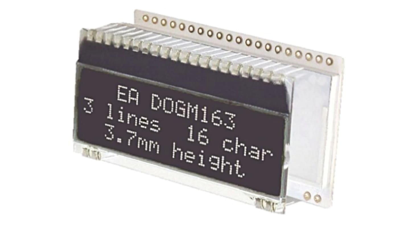 Display Visions EA DOGM163S-A Alphanumeric LCD Display, RGB, White on Black, 3 Rows by 16 Characters, Transmissive