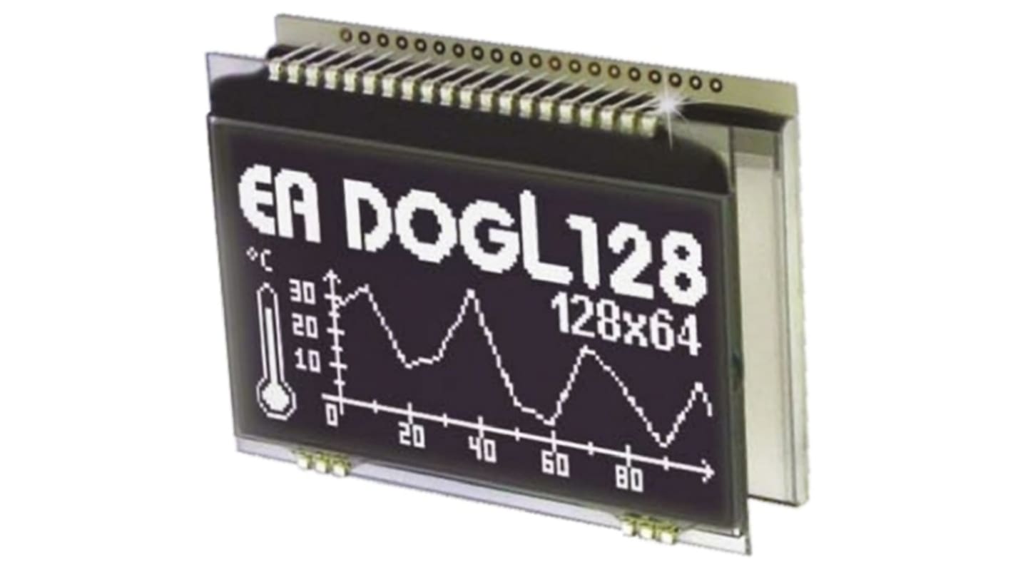 Display monocromo LCD gráfico Display Visions de 4 filas x 16, 21 caract., transmisivo, 128 x 64pixels, área 64 x 36mm