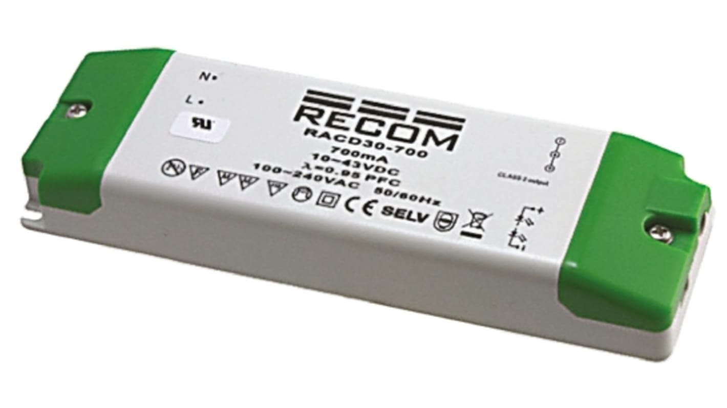 Recom LED meghajtó áramkör RACD30-700, kimeneti fesz,: 10 → 43V dc, 700mA, 30W IP20, állandó áram