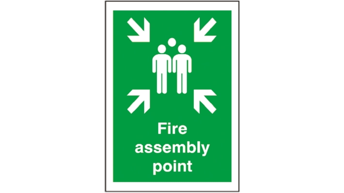 tűzvédelmi jelzés Angol, szöveg: "Fire Assembly Point Műanyag, Zöld/fehér Tábla