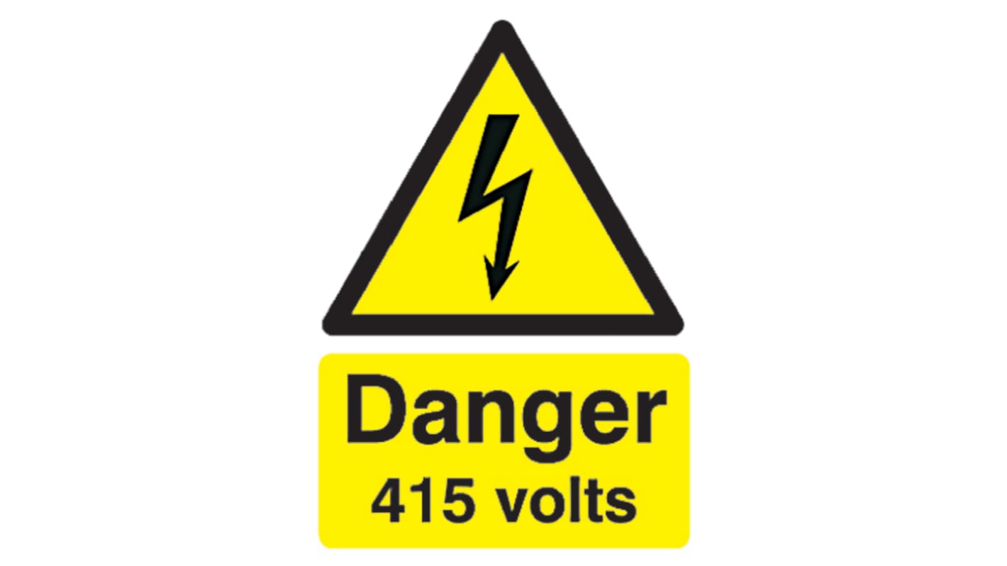 Señal de advertencia con pictograma: Seguridad Eléctrica, texto en: Inglés "Danger 415 Volts", 148mm x 210 mm