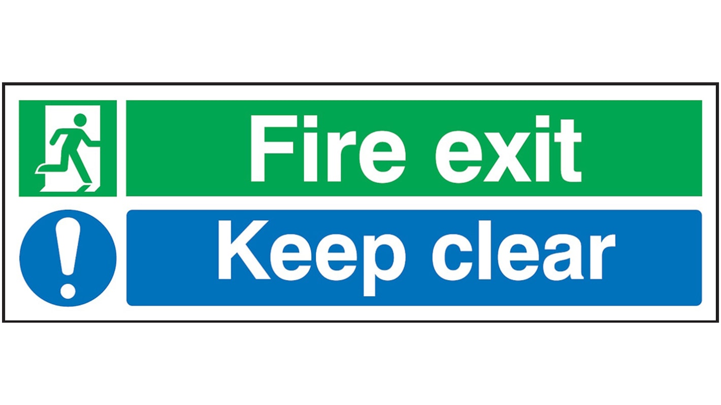 Znak BHP, tekst: "Fire exit Keep clear, Tworzywo sztuczne, kolor: Niebieski/zielony/biały Znak