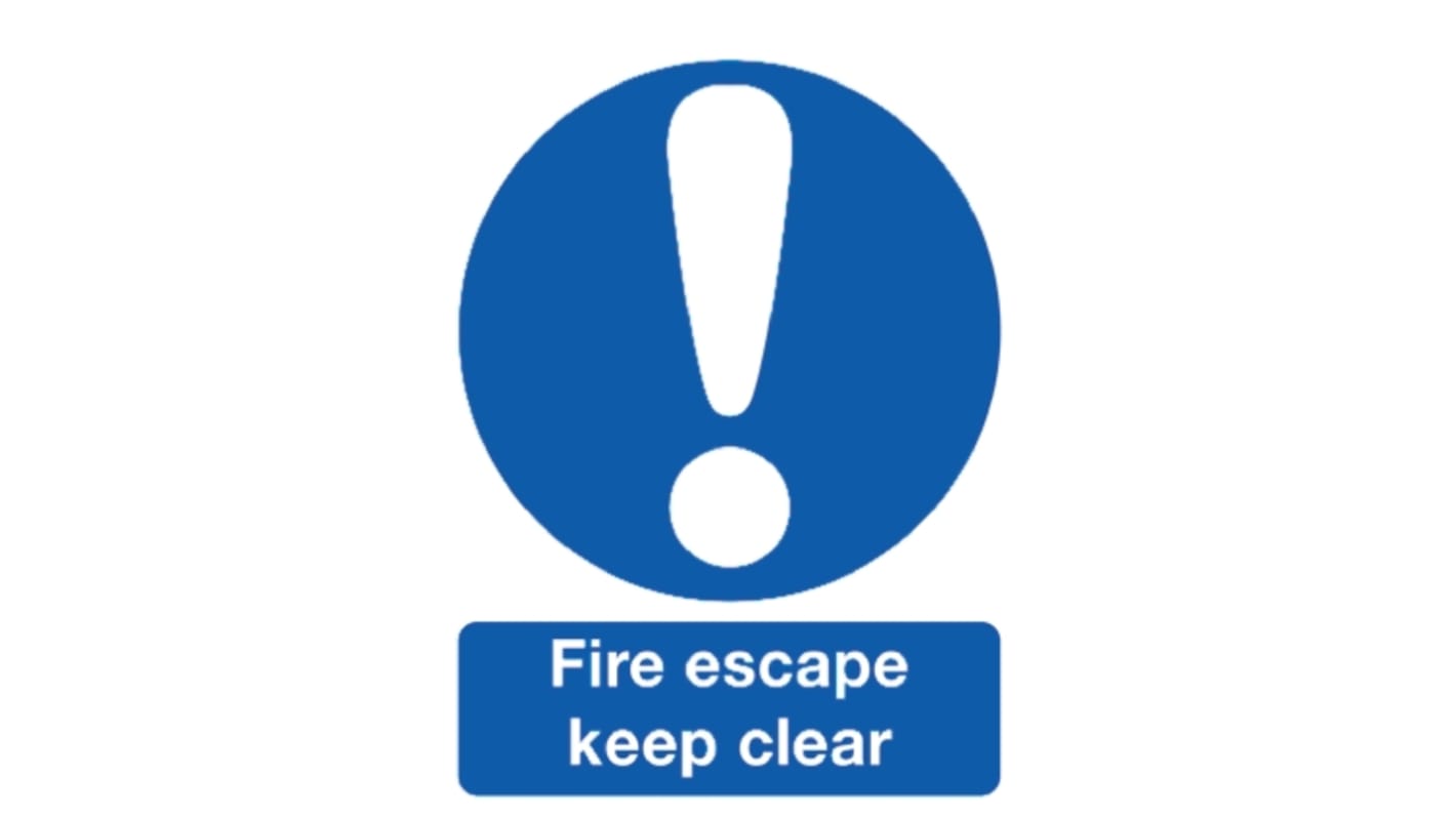 Znak BHP, tekst: "Fire Escape Keep Clear, Plastik, kolor: Niebieski/biały Znak
