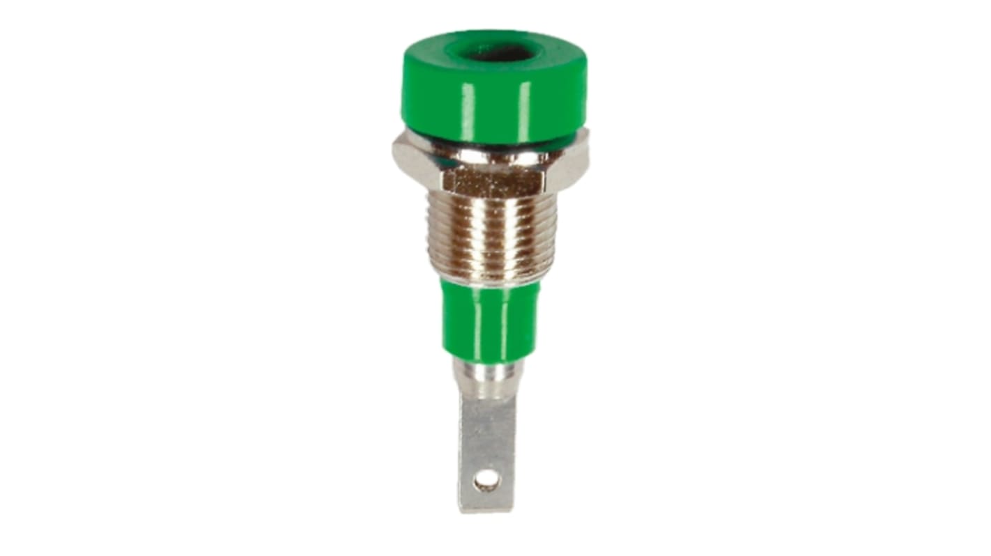 Conector banana hembra Hembra, 10A, 30 V, 60V dc, Contacto Plata, Verde