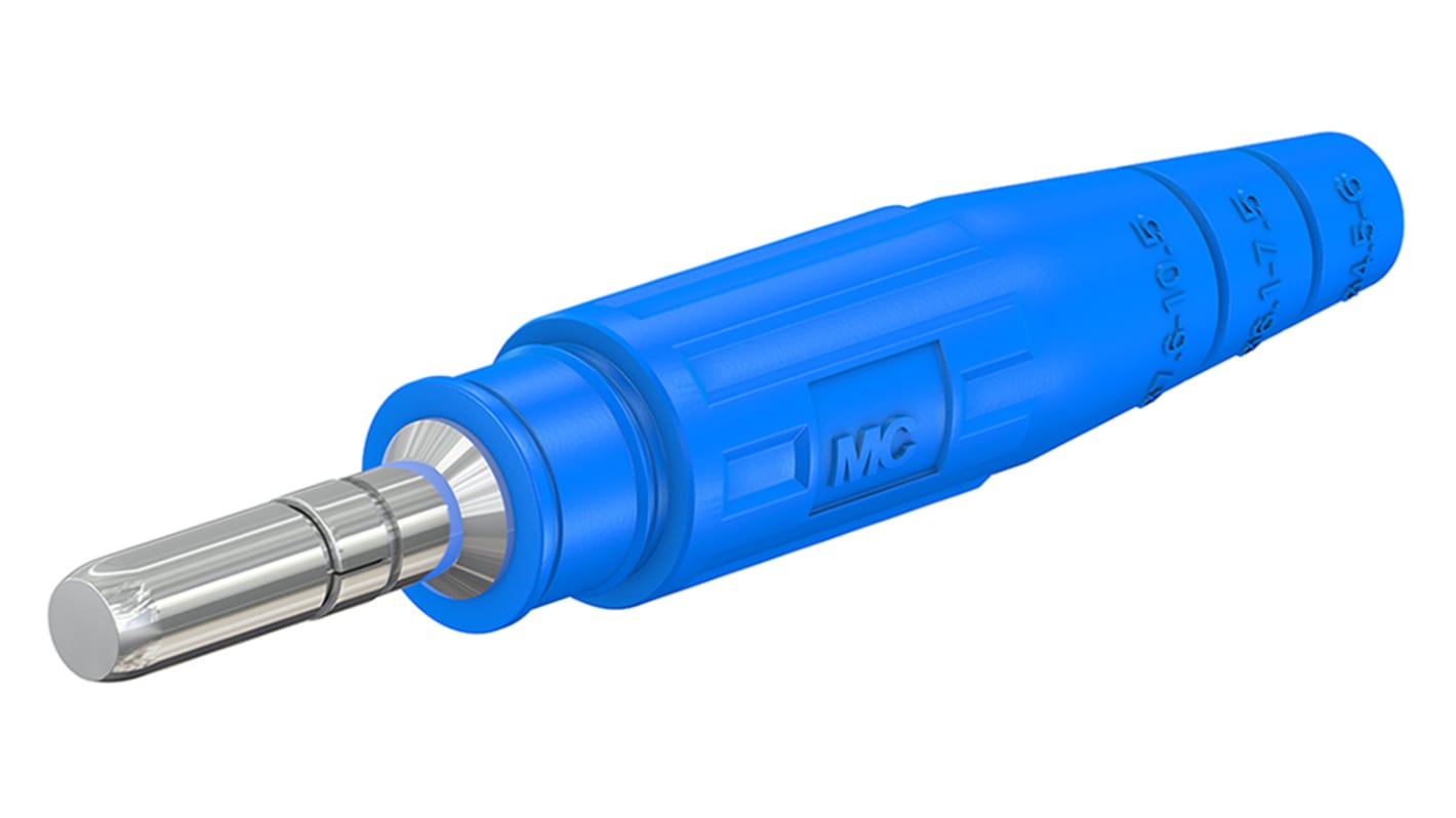 Staubli Blue Male Test Plug, 6 mm Connector, Crimp Termination, 100A, 600V, Silver Plating