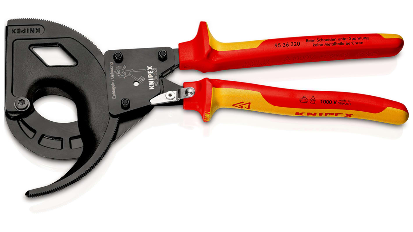 Tagliacavi a cricchetto Knipex in Acciaio per utensili, L. 320 mm, capacità di taglio max 60mm, Approvato VDE