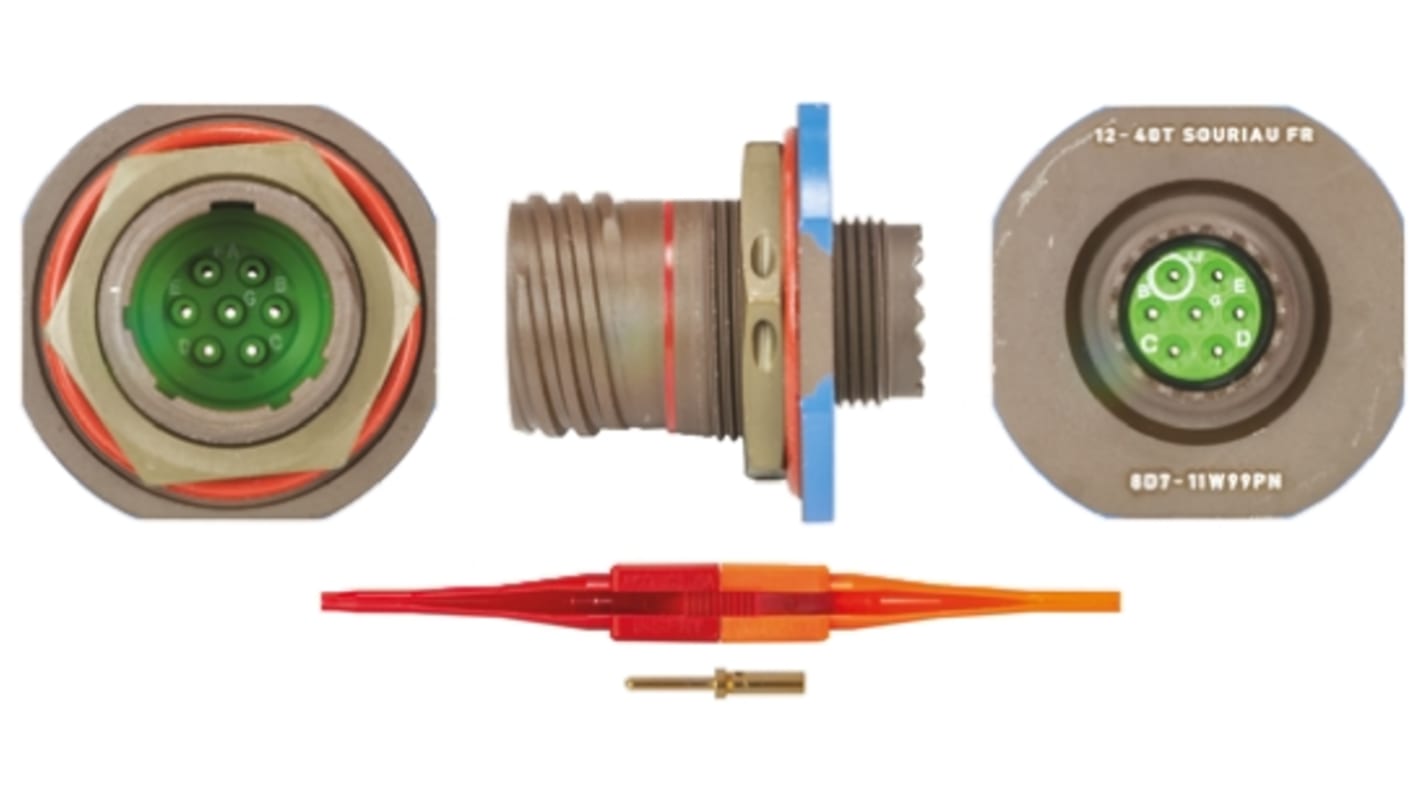 Conector circular MIL-DTL-38999 Souriau Hembra serie 8D de 7 vías macho, tamaño 11, Montaje en Panel, IP67