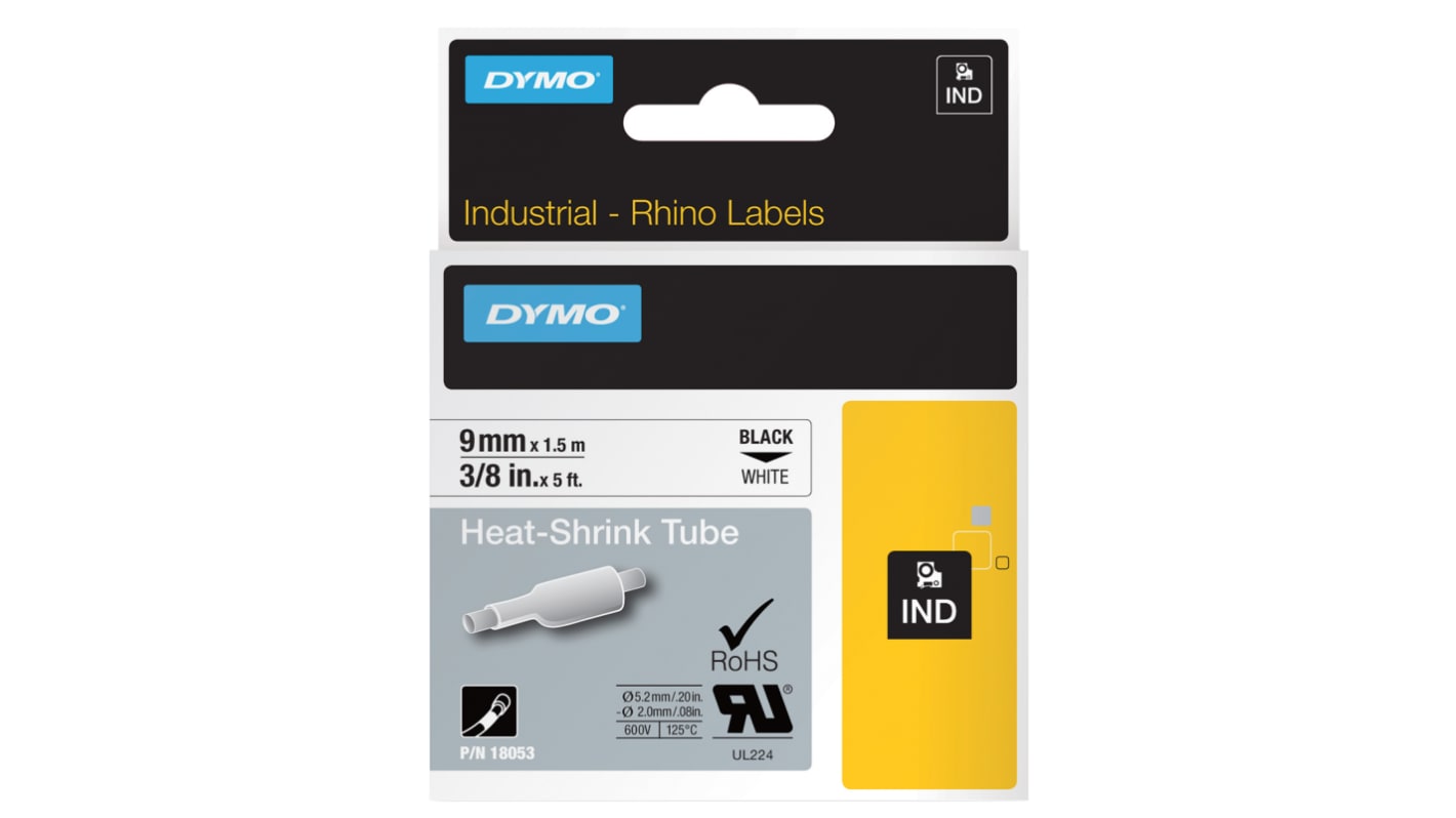 DYMO INDUSTRIAL Black on White Label Printer Tape, 1.5 m Length, 9 mm Width, 9mm Label Width