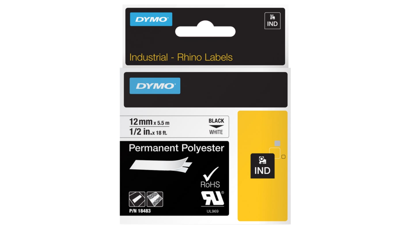 18482 DYMO INDUSTRIAL Black on White Label Printer Tape, 5.5 m Length, 9 mm Width, 9mm Label