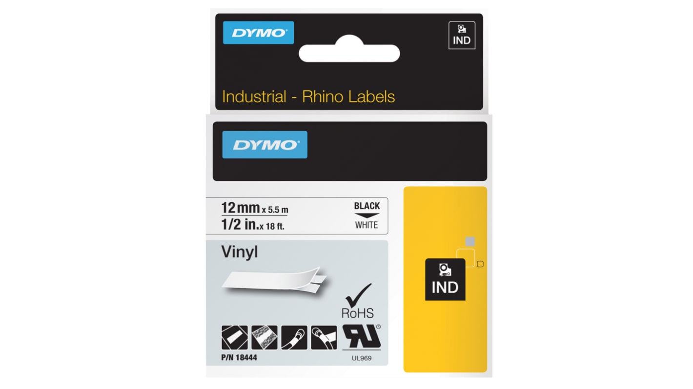 DYMO INDUSTRIAL Black on White Label Printer Tape, 5.5 m Length, 12 mm Width, 12mm Label Width