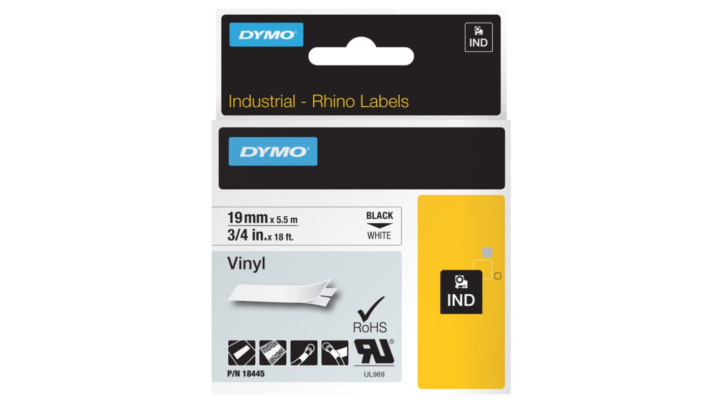 DYMO INDUSTRIAL Black on White Label Printer Tape, 5.5 m Length, 19 mm Width, 19mm Label Width