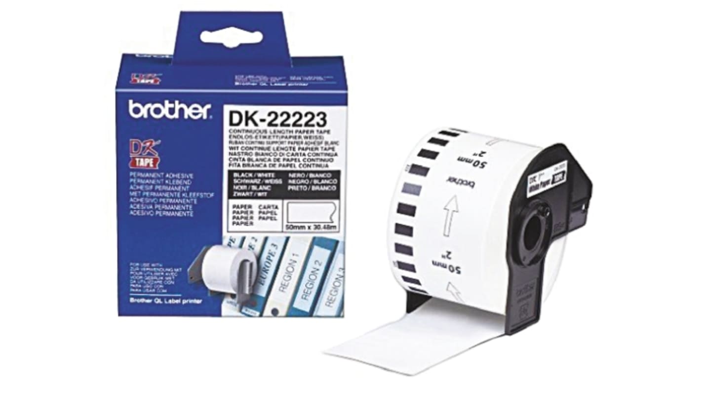 Brother White Black Print Label Roll, 50mm Width, 1 Roll Qty