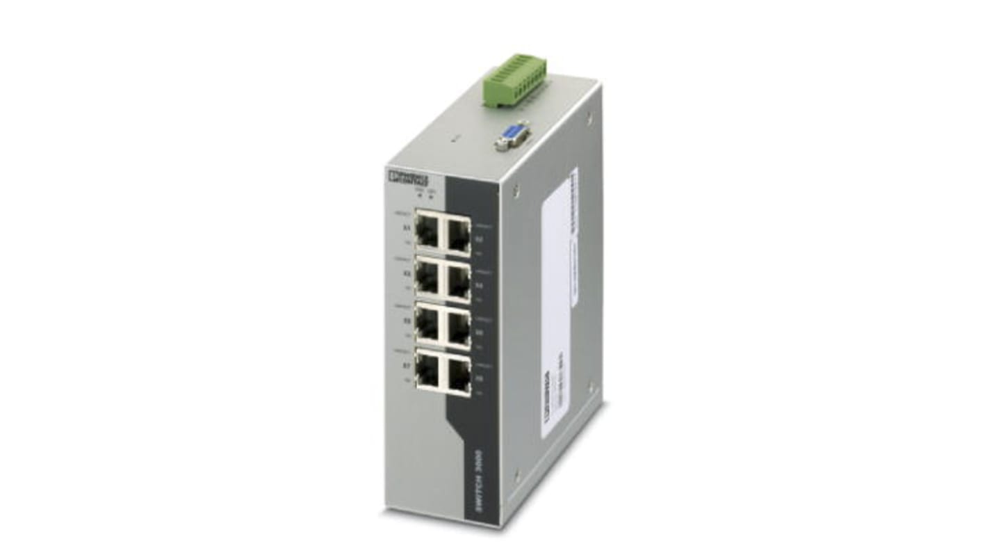 Phoenix Contact FL SWITCH 3008T Series DIN Rail Mount Ethernet Switch, 8 RJ45 Ports, 100Mbit/s Transmission, 24V dc